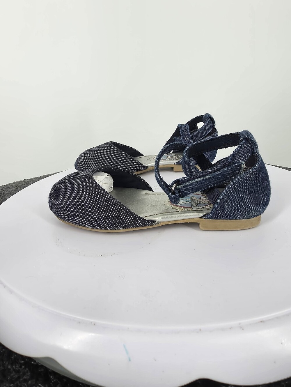Disney Frozen Elsa Shoes Girls 6 Blue Denim Silver Sparkle Ankle Strap Flats